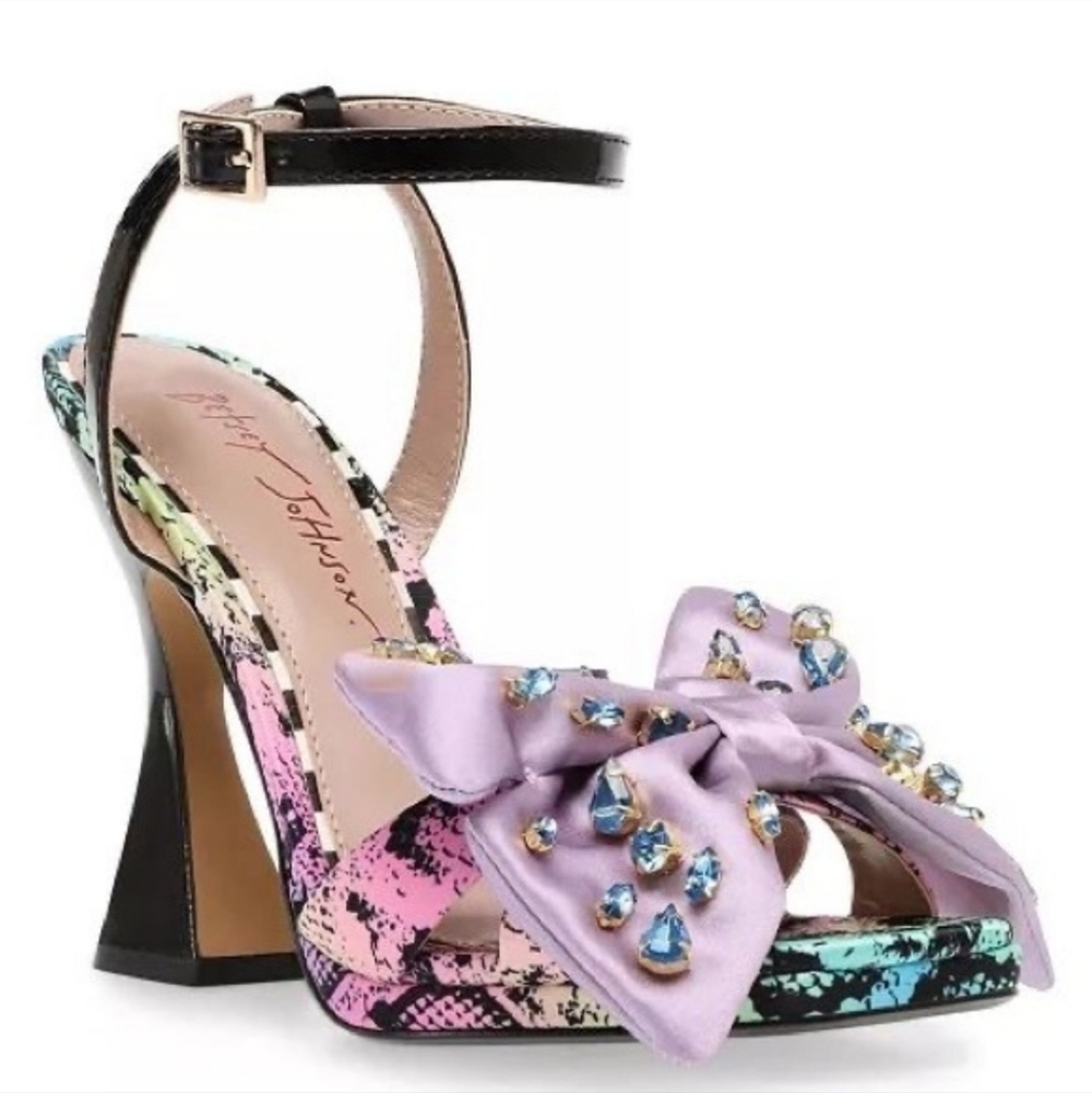 BETSEY JOHNSON Womens Purple Mixed Media Gem Bow Loise Square Toe Sandals 🎀